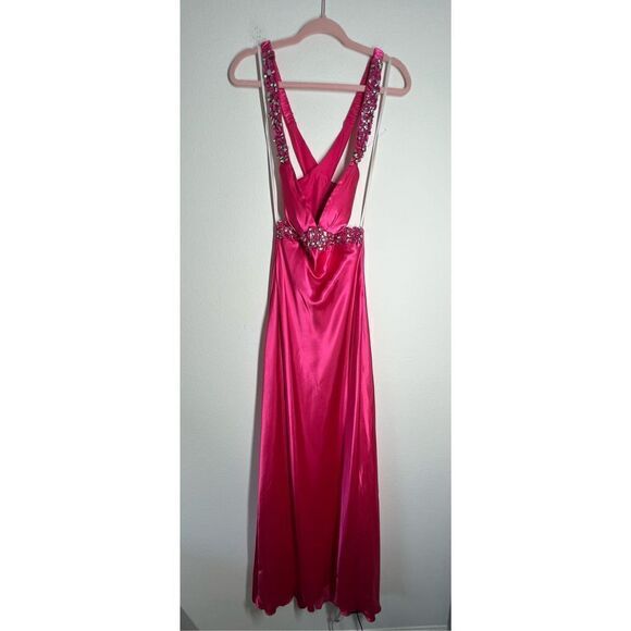 B.Smart Perfectly Classy Magenta Satin Strappy Maxi Dress Pink Rhinestone embroi - Picture 1 of 10